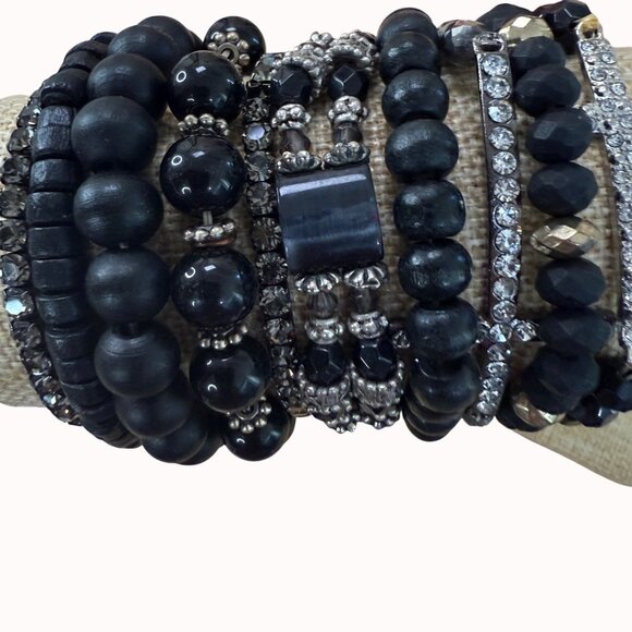 Black Beaded & Rhinestone Bracelet Stack Set Of 10 Stretchable For Wear Or Craft - Picture 1 of 10
